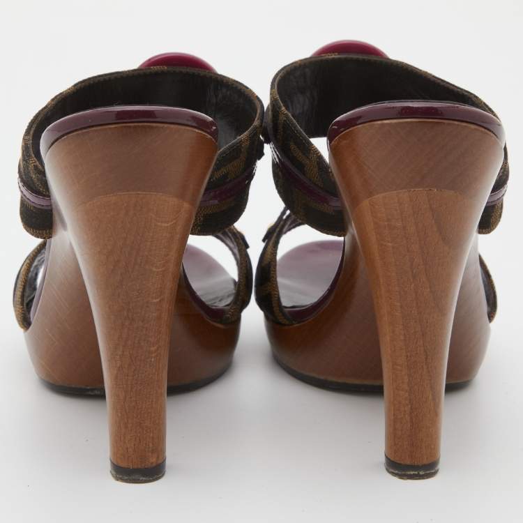 Pre Owned Fendi Brown/Plum Zucca Canvas and Patent Leather Platform Slide Sandals Size 37