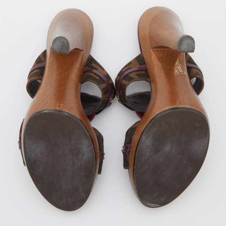 Pre Owned Fendi Brown/Plum Zucca Canvas and Patent Leather Platform Slide Sandals Size 37