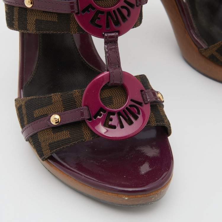 Pre Owned Fendi Brown/Plum Zucca Canvas and Patent Leather Platform Slide Sandals Size 37
