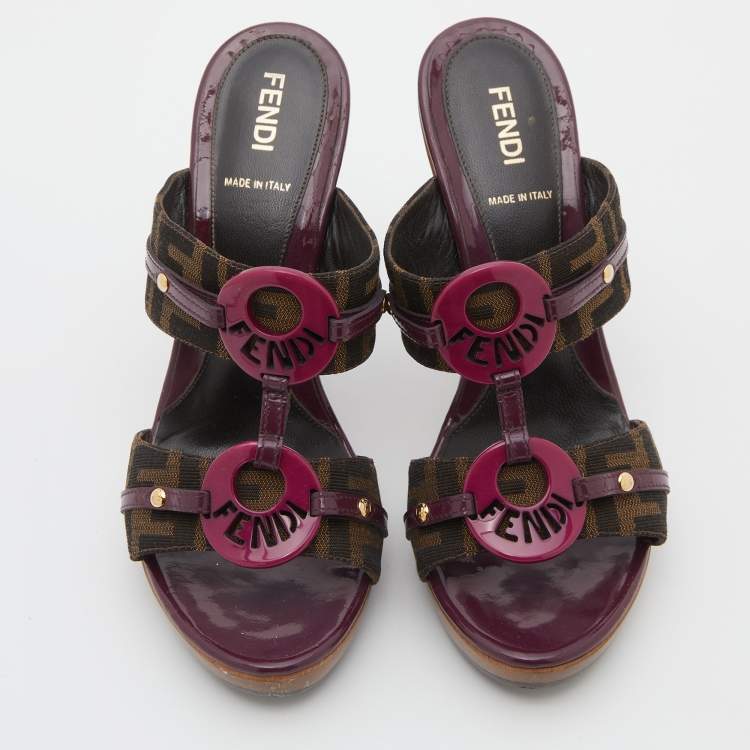 Pre Owned Fendi Brown/Plum Zucca Canvas and Patent Leather Platform Slide Sandals Size 37