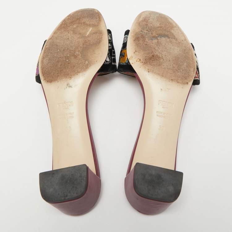 Pre Owned Fendi Multicolor Zucca Velvet Slide Sandals Size 39