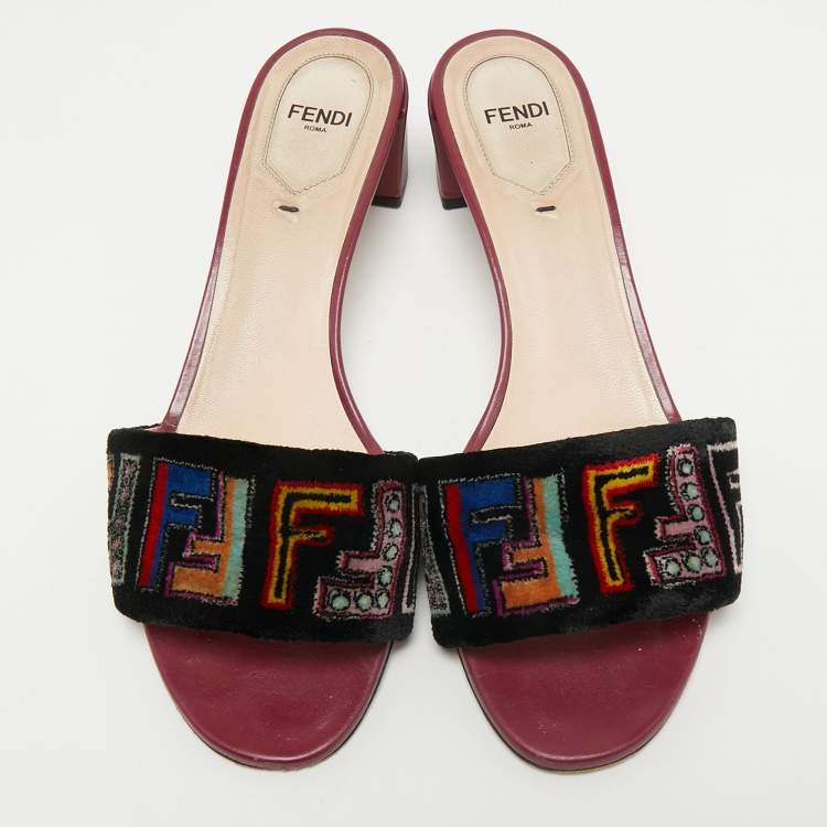 Pre Owned Fendi Multicolor Zucca Velvet Slide Sandals Size 39