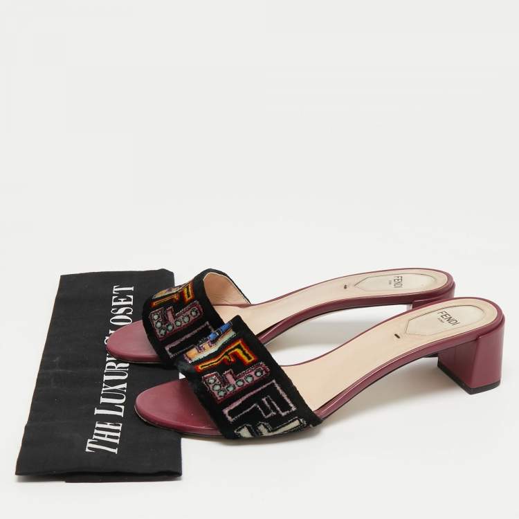 Pre Owned Fendi Multicolor Zucca Velvet Slide Sandals Size 39