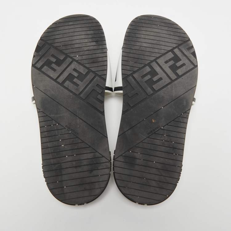 Pre Owned Fendi White/Black Logo Print Leather Flat Slides Size 39