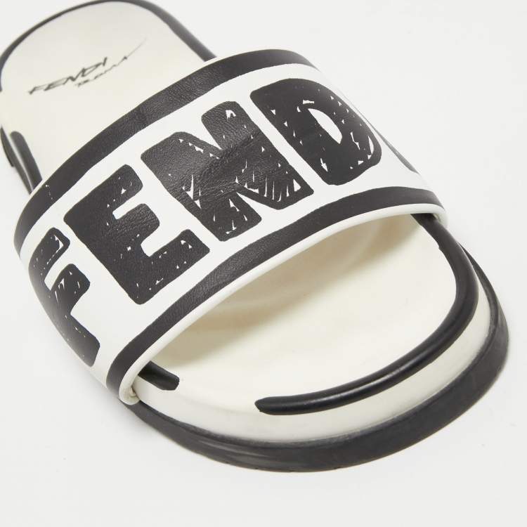Pre Owned Fendi White/Black Logo Print Leather Flat Slides Size 39