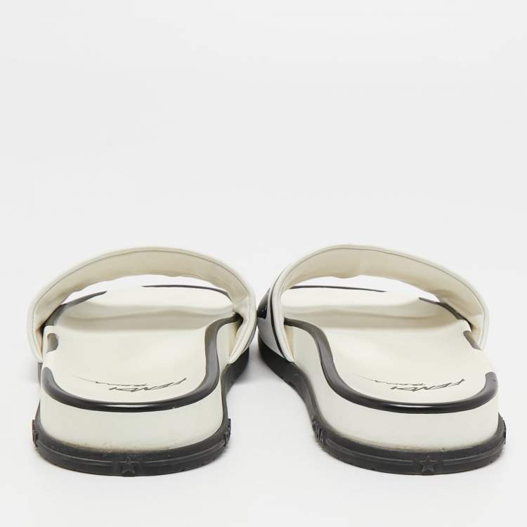 Pre Owned Fendi White/Black Logo Print Leather Flat Slides Size 39