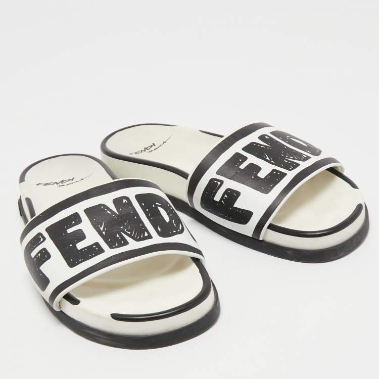 Pre Owned Fendi White/Black Logo Print Leather Flat Slides Size 39