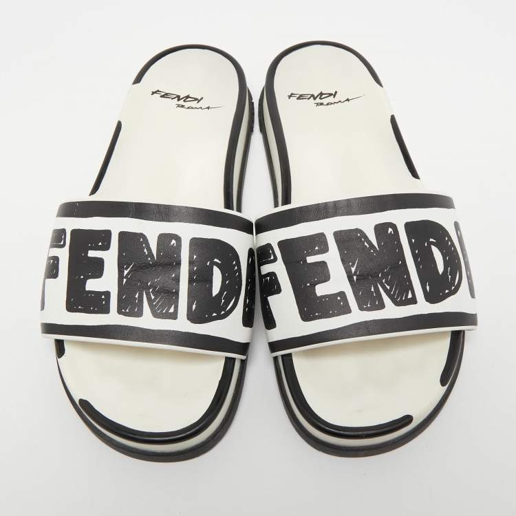 Pre Owned Fendi White/Black Logo Print Leather Flat Slides Size 39