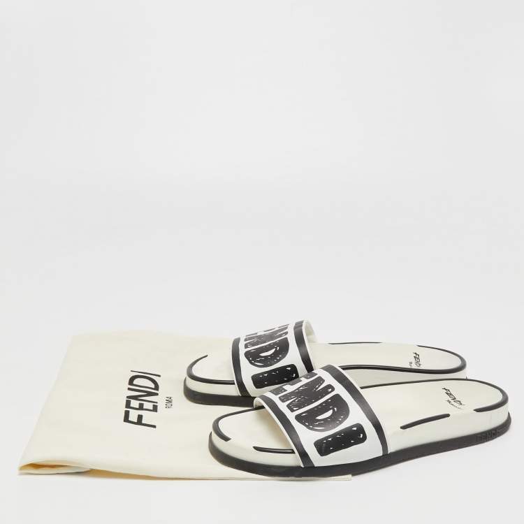 Pre Owned Fendi White/Black Logo Print Leather Flat Slides Size 39