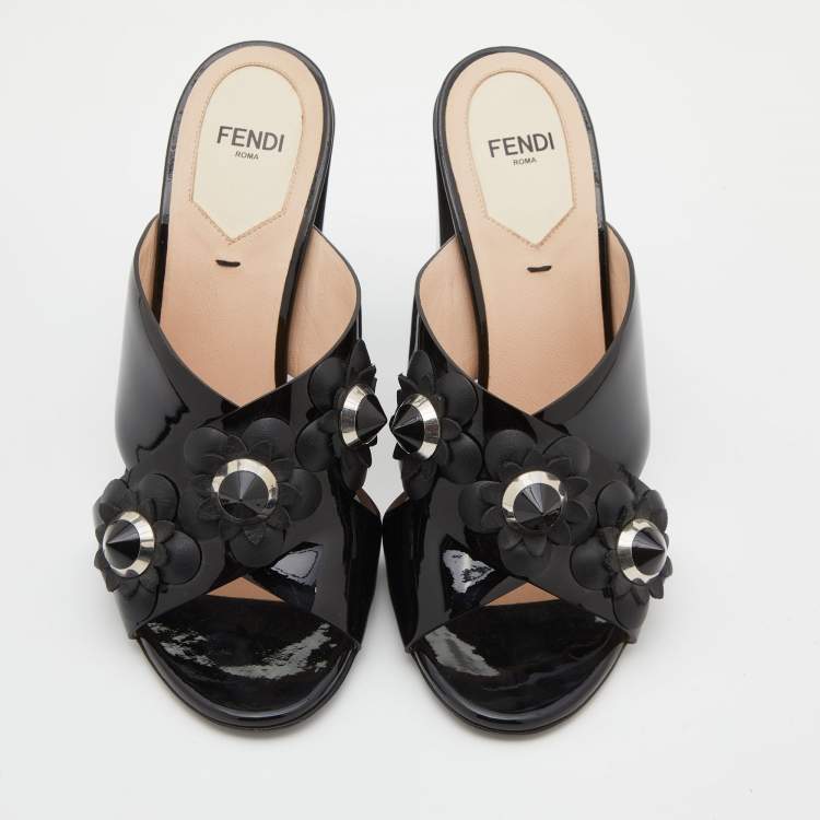 Pre Owned Fendi Black Patent Leather Flowerland Criss Cross Slide Sandals Size 37
