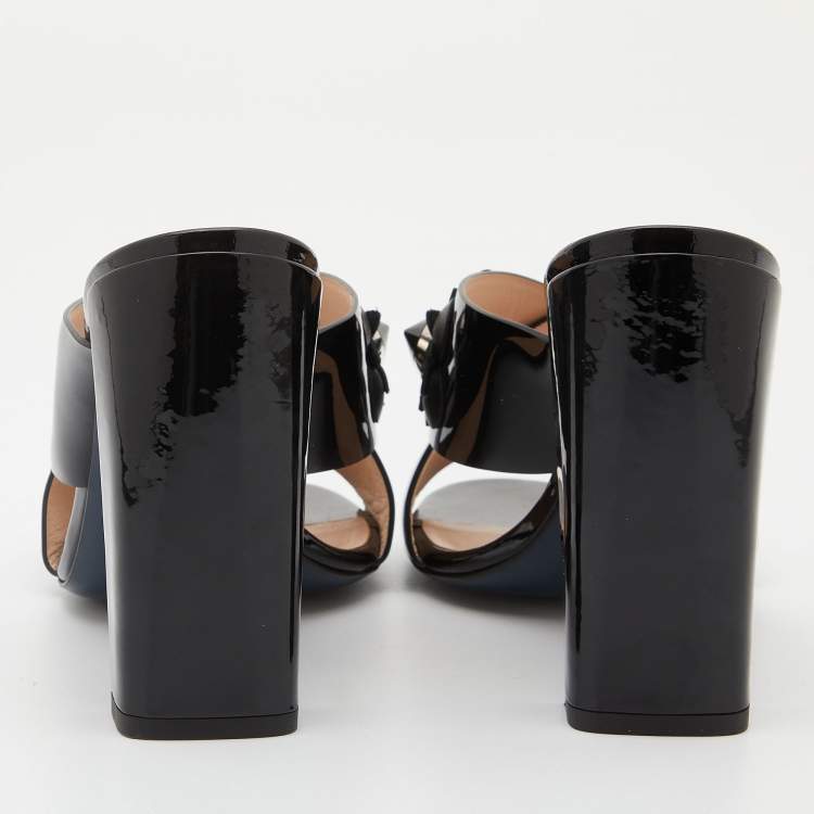 Pre Owned Fendi Black Patent Leather Flowerland Criss Cross Slide Sandals Size 37