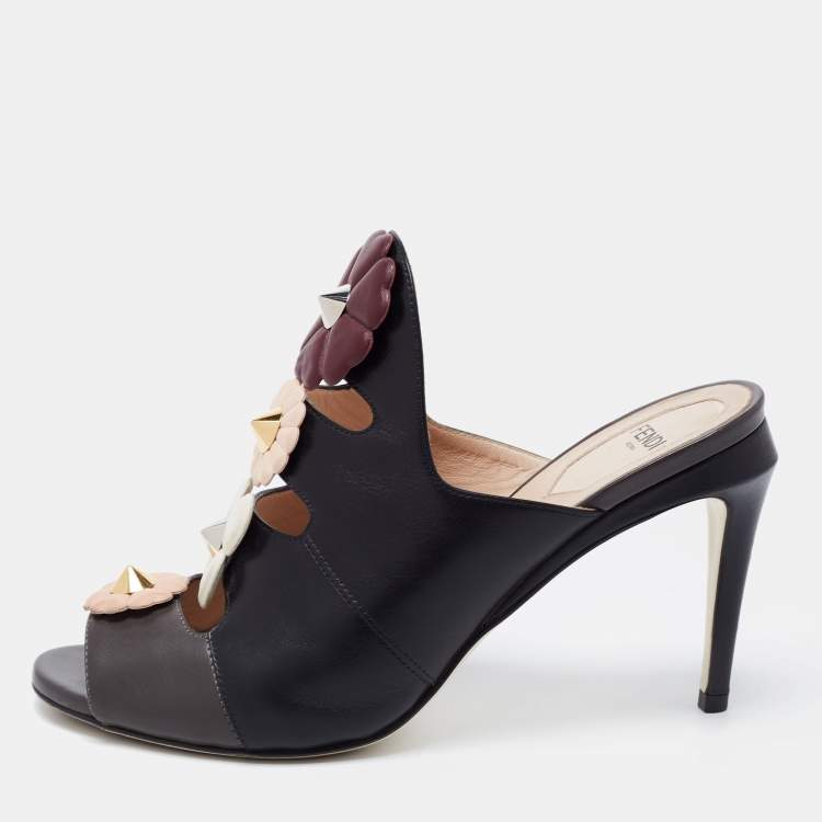 Pre Owned Fendi Black Leather Flowerland Mules Size 38