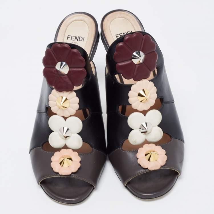 Pre Owned Fendi Black Leather Flowerland Mules Size 38