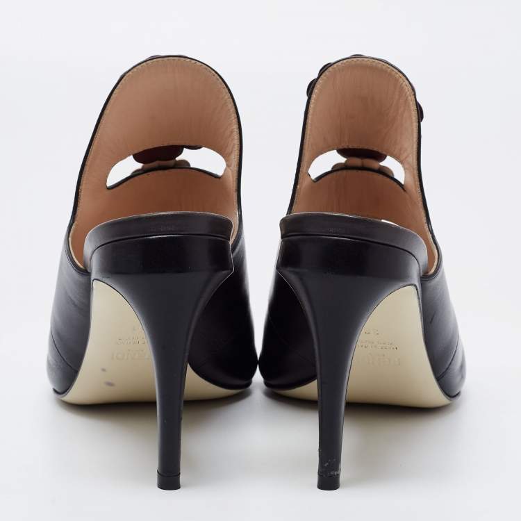 Pre Owned Fendi Black Leather Flowerland Mules Size 38