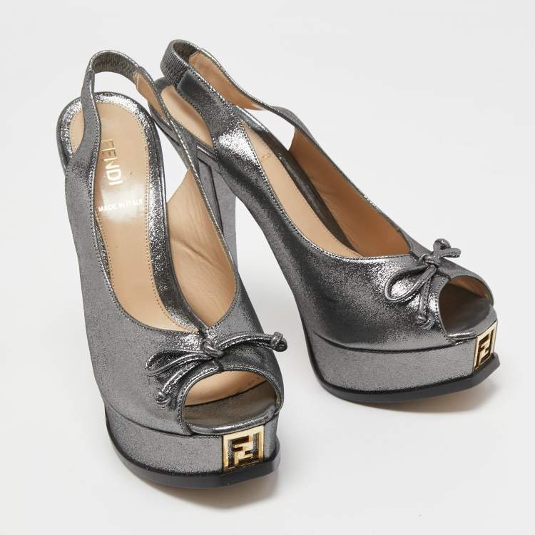 Pre Owned Fendi Metallic Glitter Fabric Fendista Peep Toe Slingback Pumps Size 38.5
