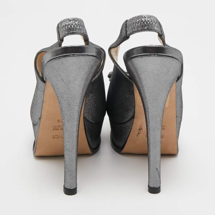 Pre Owned Fendi Metallic Glitter Fabric Fendista Peep Toe Slingback Pumps Size 38.5