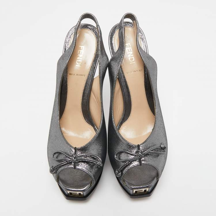 Pre Owned Fendi Metallic Glitter Fabric Fendista Peep Toe Slingback Pumps Size 38.5