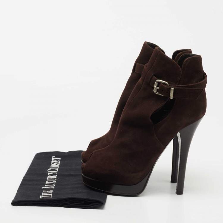 Pre Owned Fendi Brown Suede Peep Toe Platform Ankle Boots Size 36