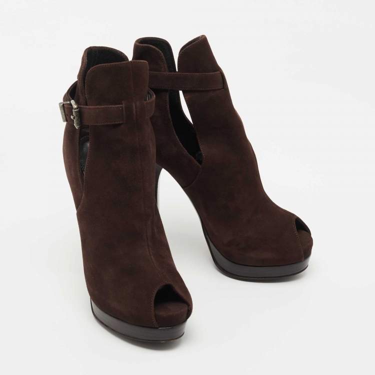 Pre Owned Fendi Brown Suede Peep Toe Platform Ankle Boots Size 36
