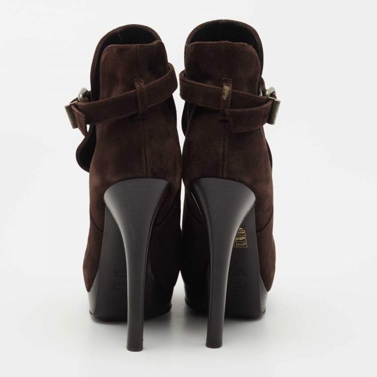 Pre Owned Fendi Brown Suede Peep Toe Platform Ankle Boots Size 36