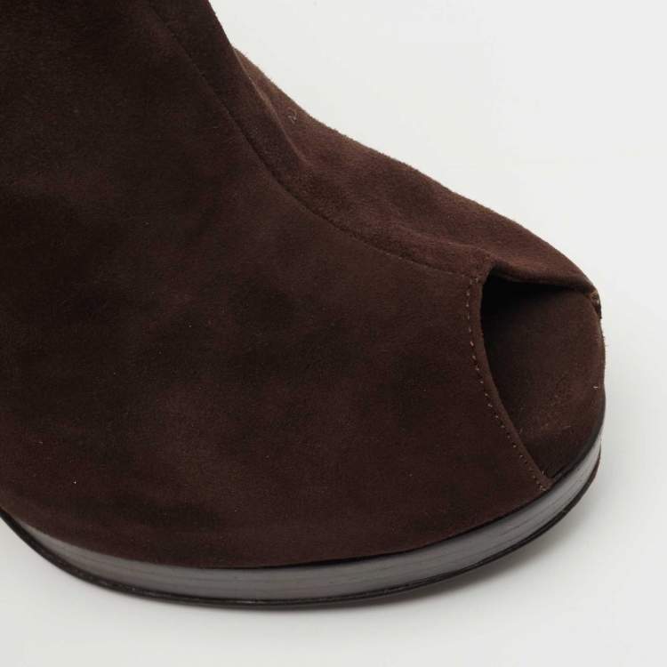 Pre Owned Fendi Brown Suede Peep Toe Platform Ankle Boots Size 36