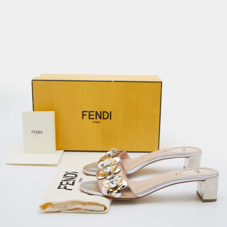 مملوكة مسبقًا Fendi Metallic Gold/Silver Leather Flowerland Crystal Embellished Slide Sandals Size 39