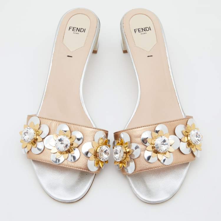 مملوكة مسبقًا Fendi Metallic Gold/Silver Leather Flowerland Crystal Embellished Slide Sandals Size 39