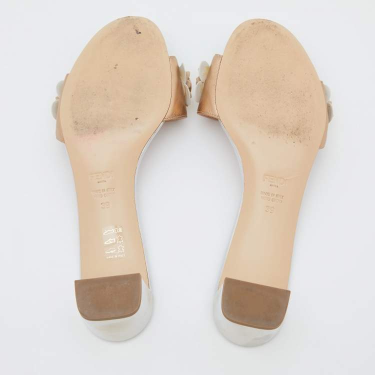 مملوكة مسبقًا Fendi Metallic Gold/Silver Leather Flowerland Crystal Embellished Slide Sandals Size 39