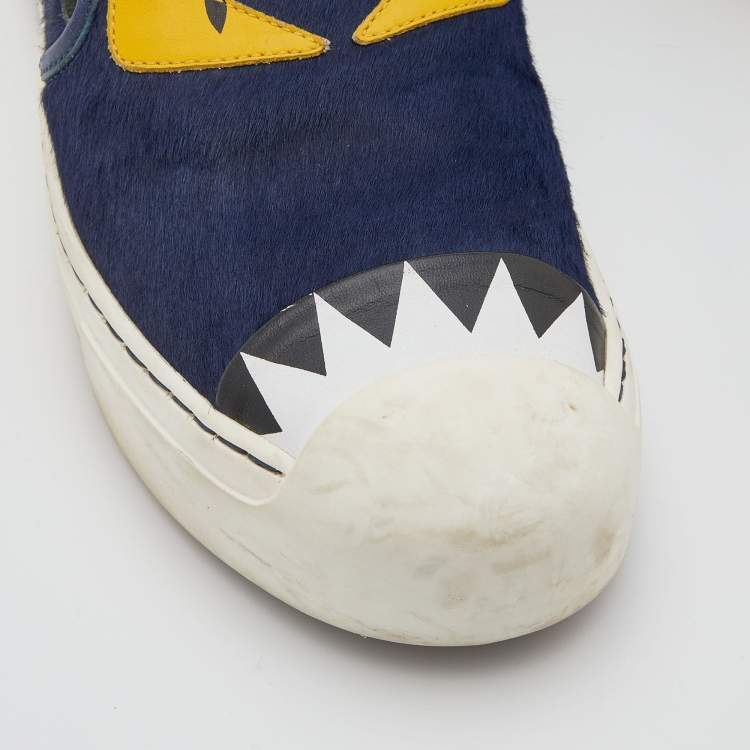 Pre Owned Fendi Navy Blue Calf Hair and Leather Monster Slip On Sneakers Size 38.5