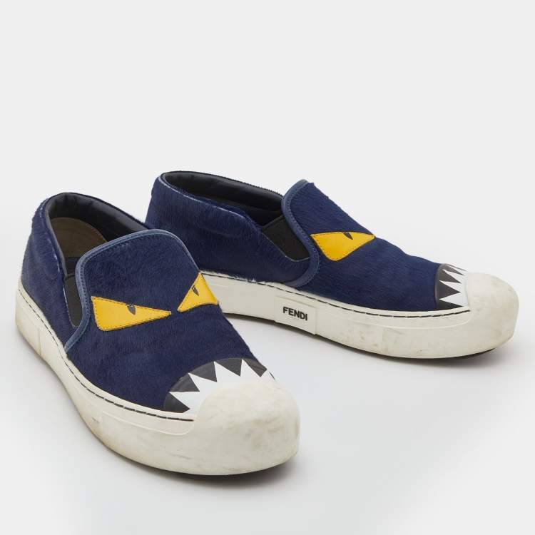 Pre Owned Fendi Navy Blue Calf Hair and Leather Monster Slip On Sneakers Size 38.5