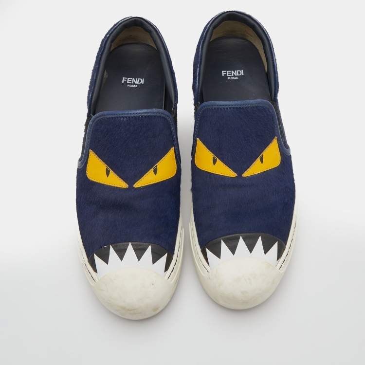 Pre Owned Fendi Navy Blue Calf Hair and Leather Monster Slip On Sneakers Size 38.5