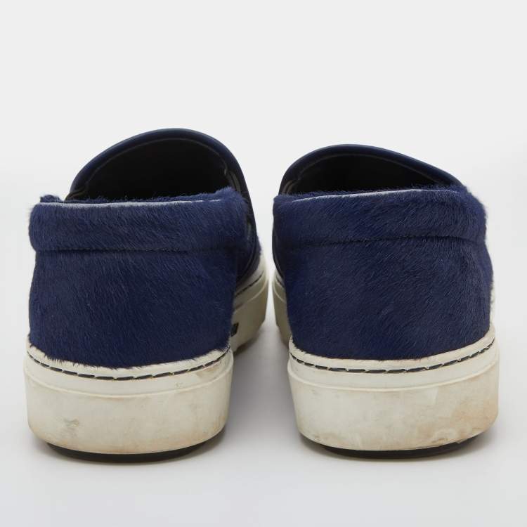 Pre Owned Fendi Navy Blue Calf Hair and Leather Monster Slip On Sneakers Size 38.5