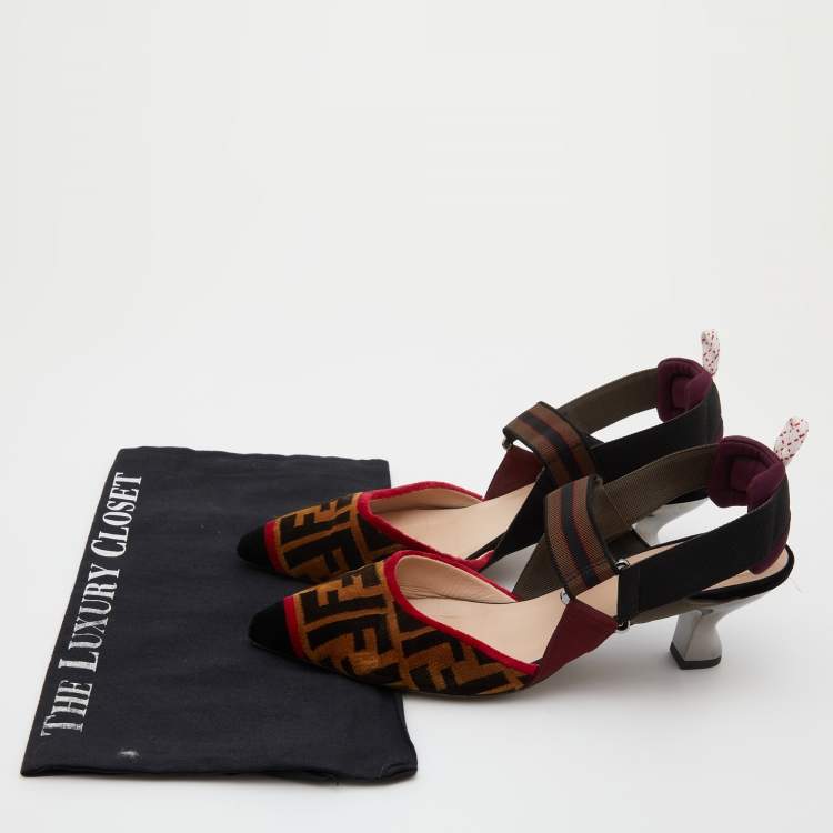 Pre Owned Fendi Multicolor Zucca Velvet Colibri Forever Logo Slingback Pumps Size 38