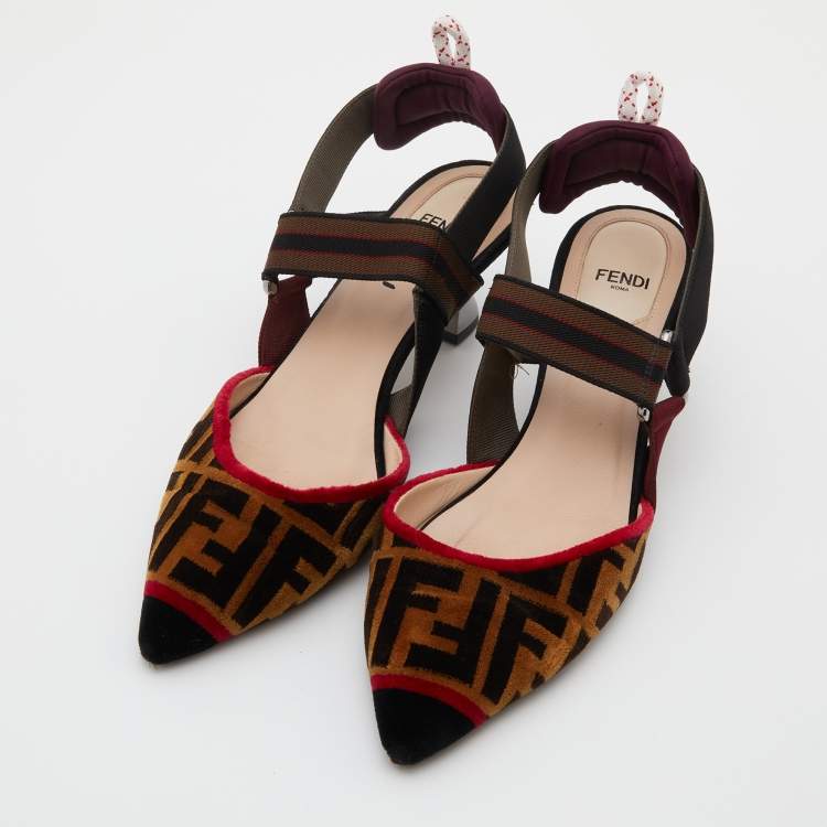 Pre Owned Fendi Multicolor Zucca Velvet Colibri Forever Logo Slingback Pumps Size 38
