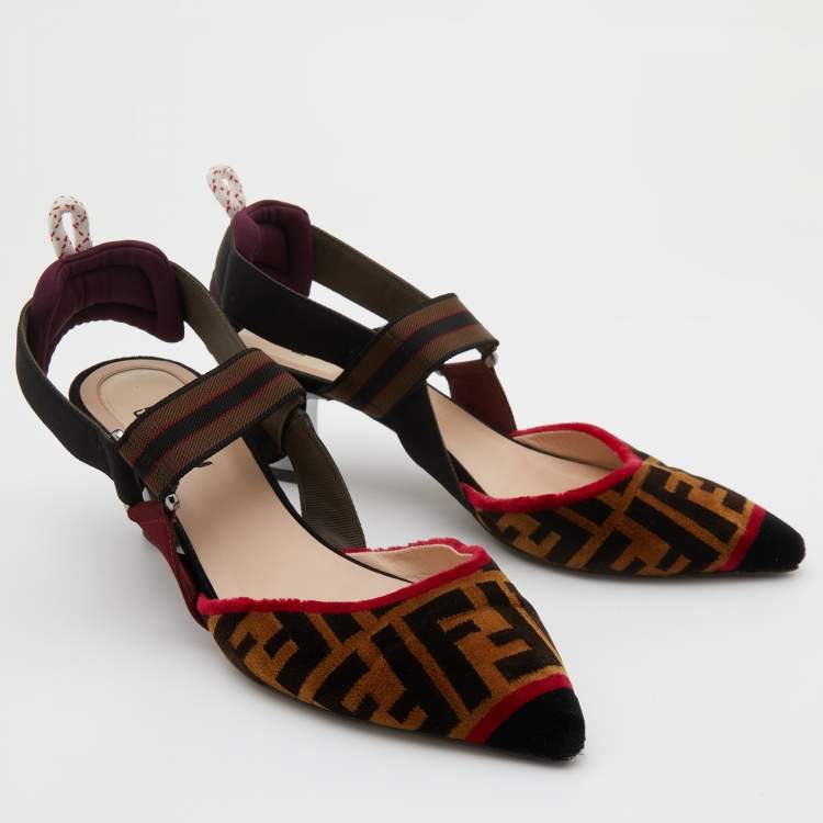 Pre Owned Fendi Multicolor Zucca Velvet Colibri Forever Logo Slingback Pumps Size 38