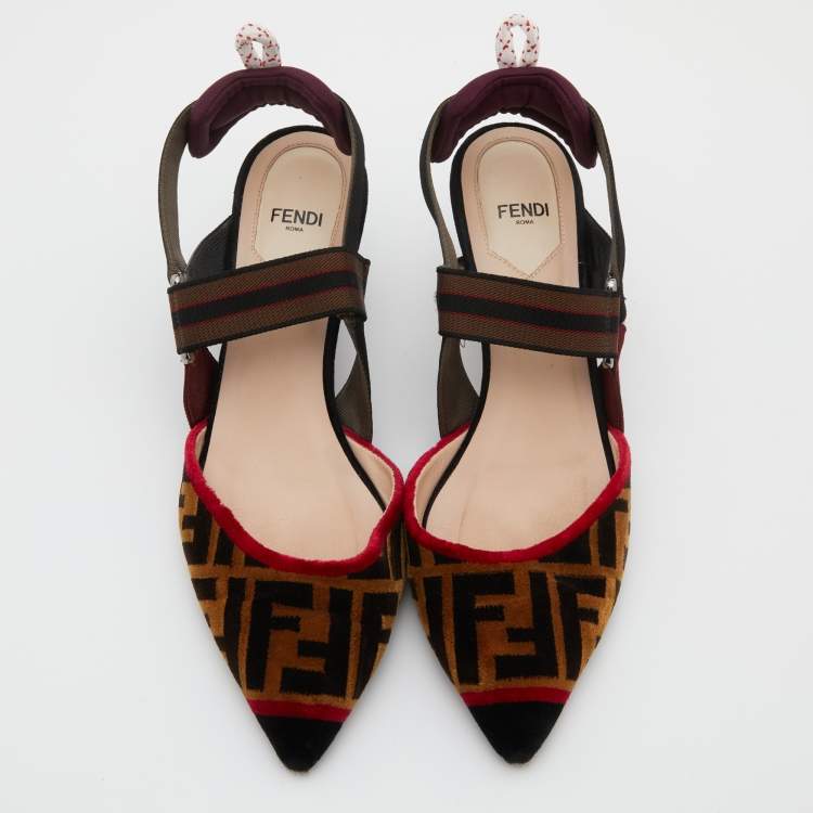Pre Owned Fendi Multicolor Zucca Velvet Colibri Forever Logo Slingback Pumps Size 38