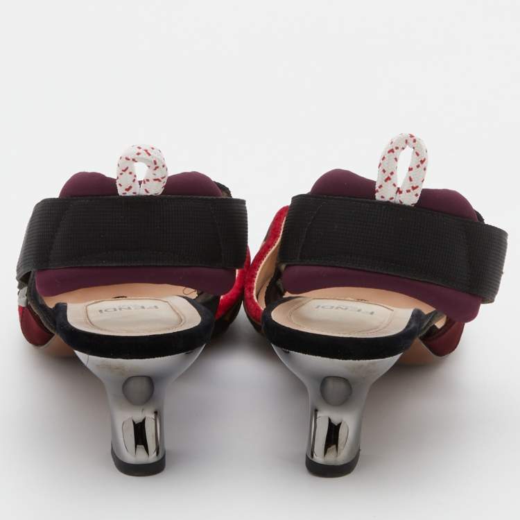 Pre Owned Fendi Multicolor Zucca Velvet Colibri Forever Logo Slingback Pumps Size 38