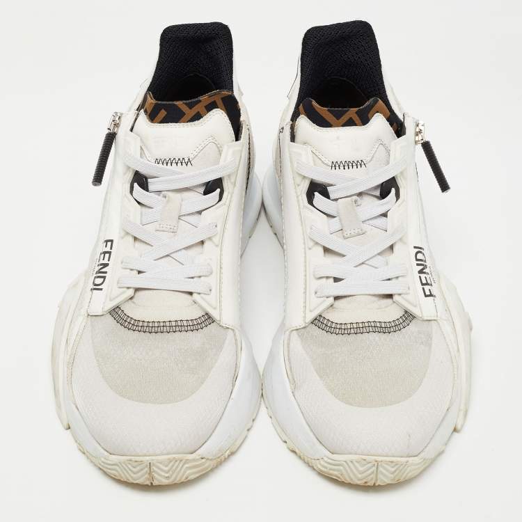 Pre Owned Fendi White/Grey Leather and Mesh Flow Low Top Sneakers Size 39.5