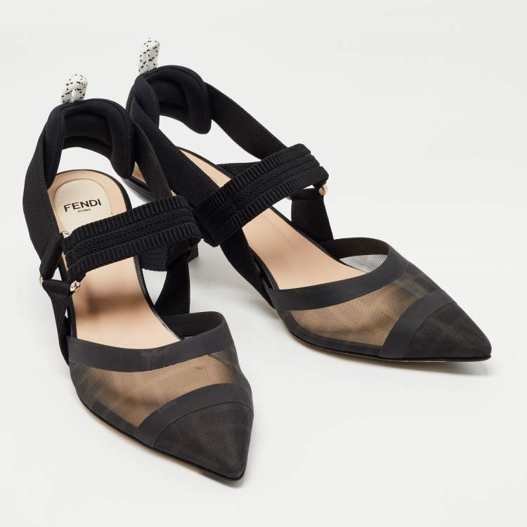 Pre Owned Fendi Black Mesh and Leather Colibri Slingback Pumps Size 39
