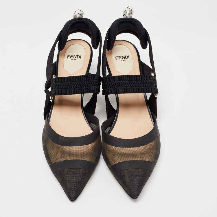 Pre Owned Fendi Black Mesh and Leather Colibri Slingback Pumps Size 39