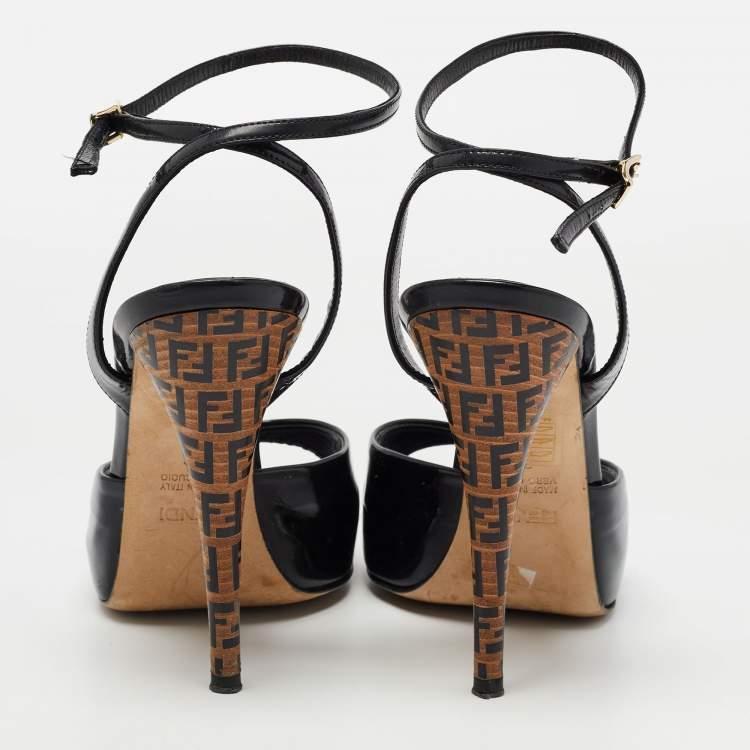 Pre Owned Fendi Black Patent Leather Ankle Strap Sandals Size 38