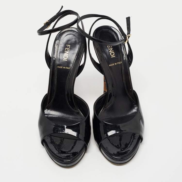 Pre Owned Fendi Black Patent Leather Ankle Strap Sandals Size 38