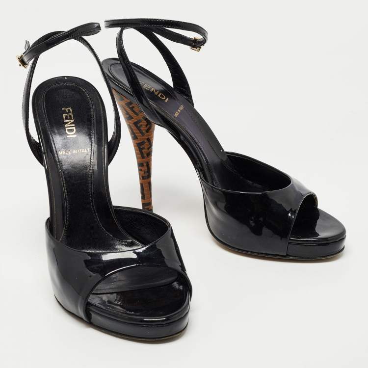 Pre Owned Fendi Black Patent Leather Ankle Strap Sandals Size 38