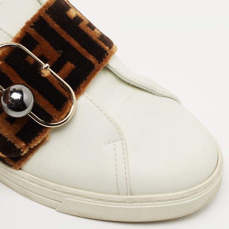 Pre Owned Fendi White Leather and Crocodile Logo Strap Buckle Low Top Sneakers Size 36 