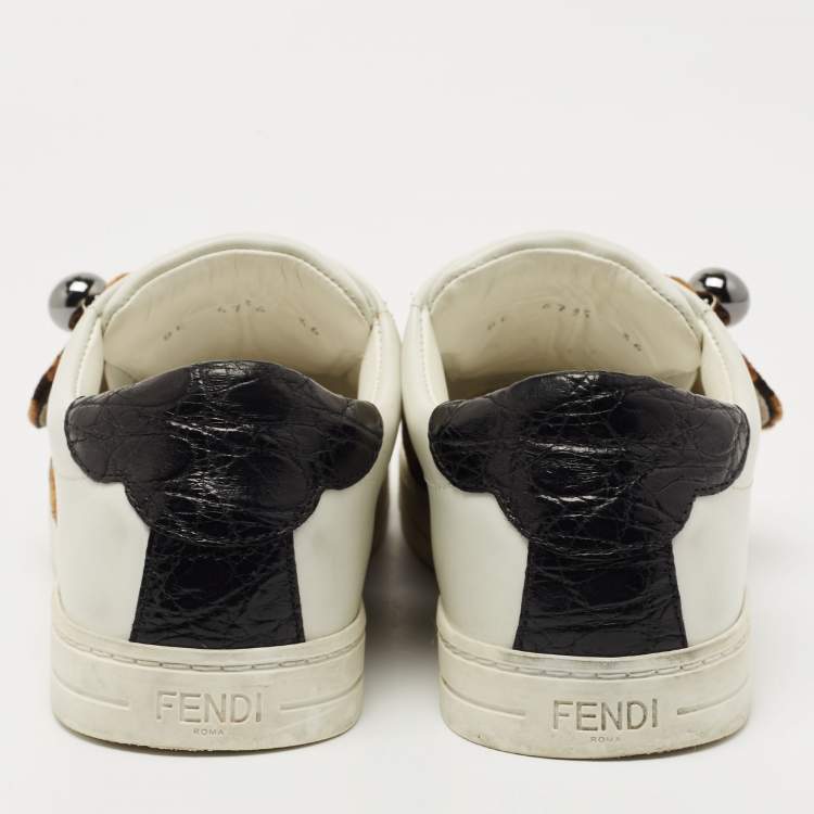 Pre Owned Fendi White Leather and Crocodile Logo Strap Buckle Low Top Sneakers Size 36 