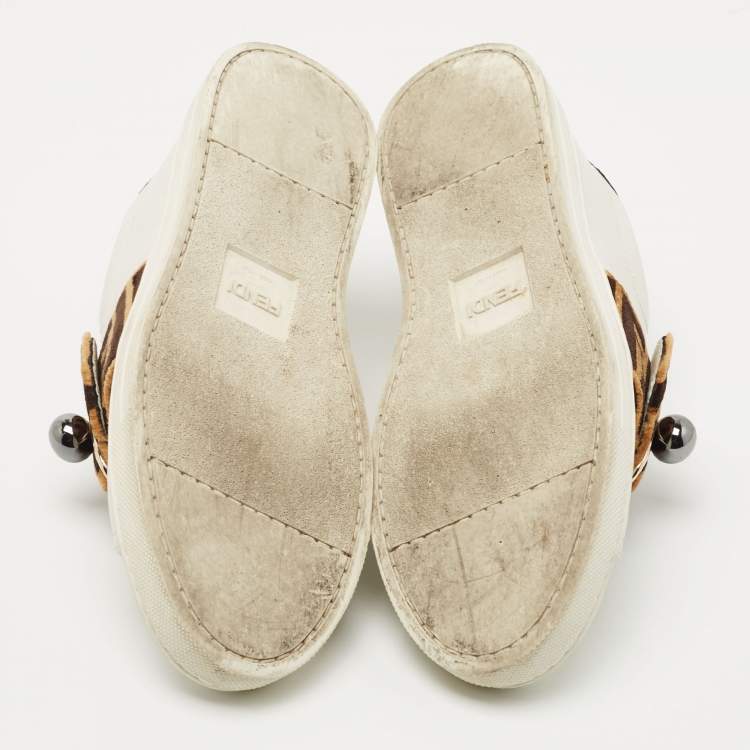 Pre Owned Fendi White Leather and Crocodile Logo Strap Buckle Low Top Sneakers Size 36 