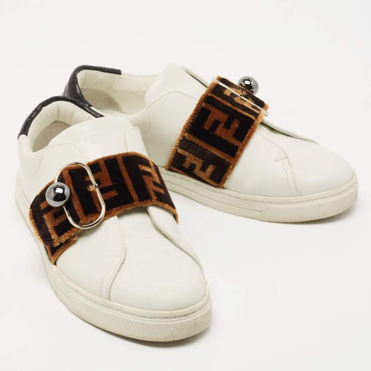 Pre Owned Fendi White Leather and Crocodile Logo Strap Buckle Low Top Sneakers Size 36 