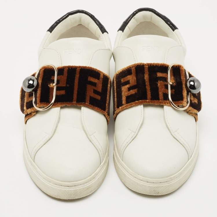 Pre Owned Fendi White Leather and Crocodile Logo Strap Buckle Low Top Sneakers Size 36 