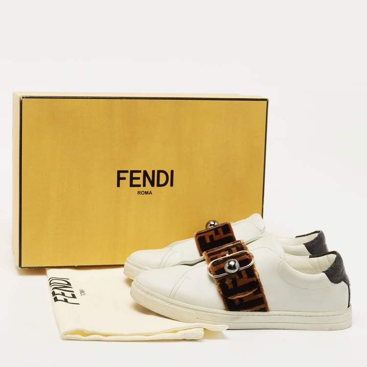 Pre Owned Fendi White Leather and Crocodile Logo Strap Buckle Low Top Sneakers Size 36 