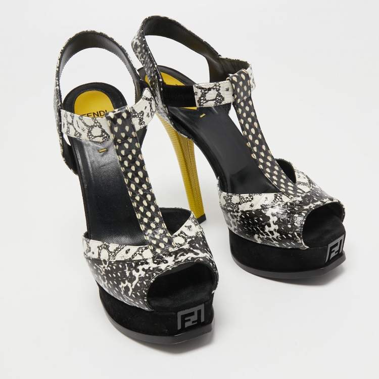 Pre Owned Fendi Multicolor Python Embossed Leather and Suede Animal Print T-Strap Sandals Size 38